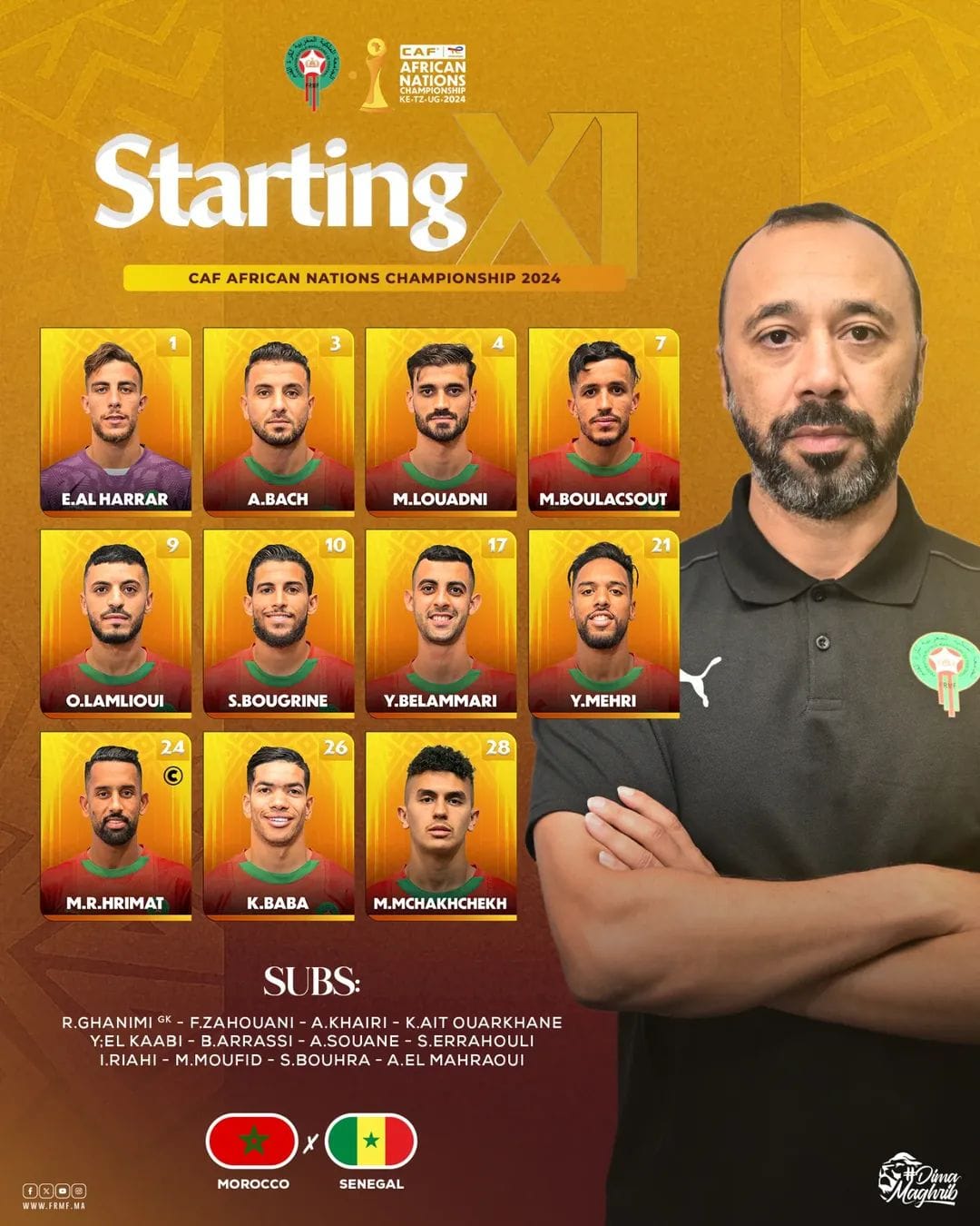التشكيلة الأساسية للفريق الوطني أمام السنغال، برسم نصف نهائي بطولة أفريقيا “الشان 2024”